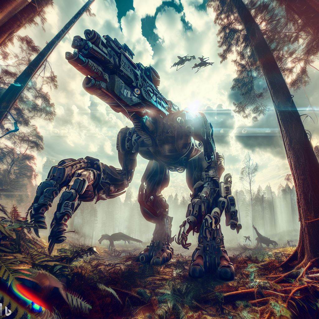 future mech dinosaur with guns in tall forest, wildlife in foreground, surreal clouds, lens flare, fish-eye lens, glass window, realistic h.r. giger style.jpg
